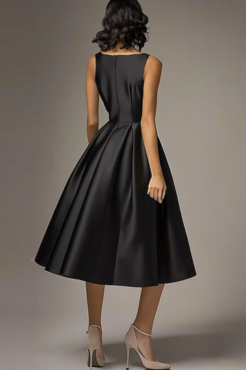 Black A Line Satin Ruched Midi Formal Dress